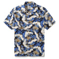 Men's black, blue, and white Hawaiian shirt featuring a graceful crane print pattern.