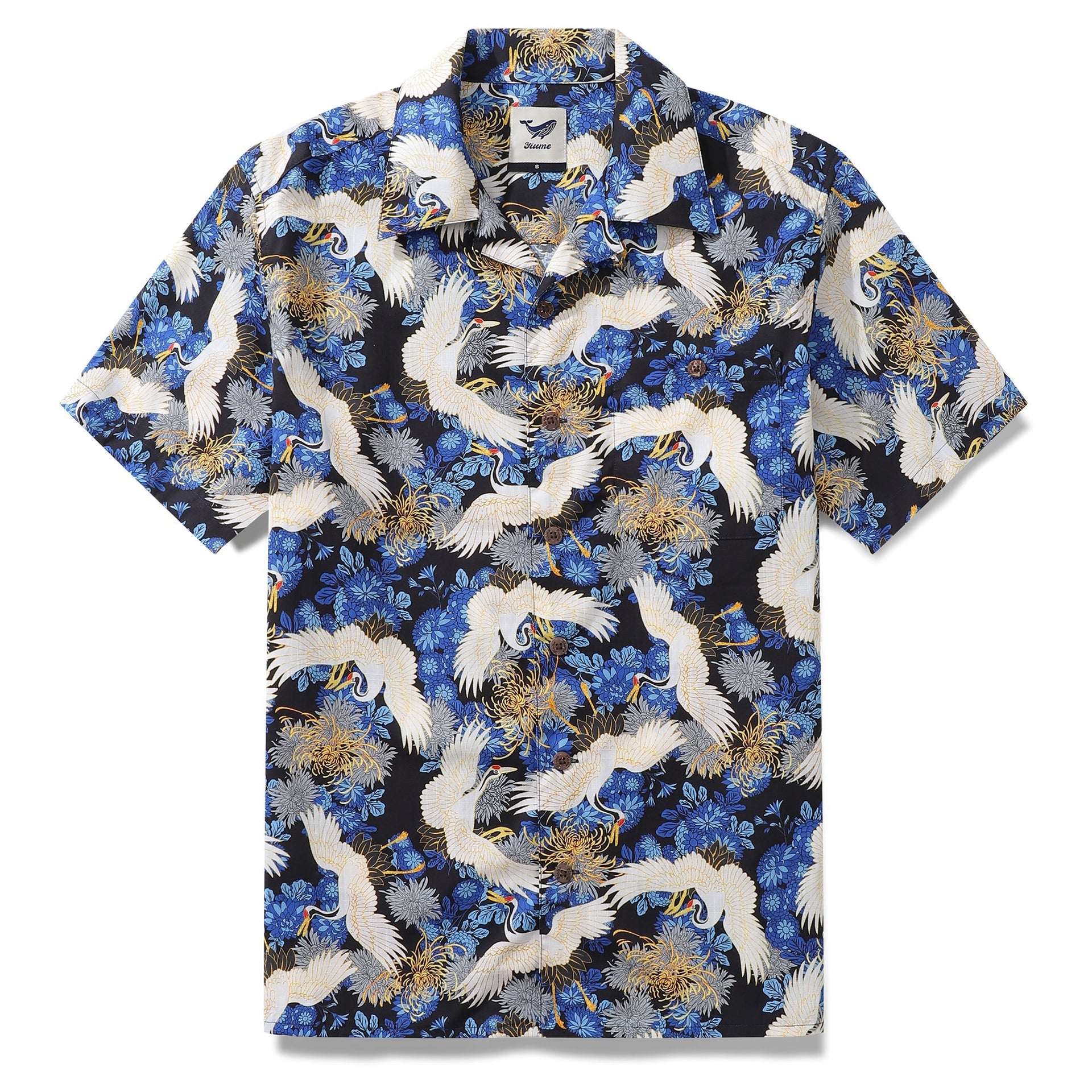 Men's black, blue, and white Hawaiian shirt featuring a graceful crane print pattern.