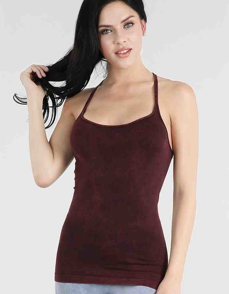Woman wearing a fitted navy-blue Diamond Strap Camisole with a scoop neck and mineral-wash texture.