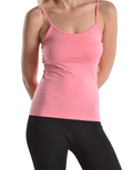 Pink athletic tank top with thin straps and a seamless knit construction.
