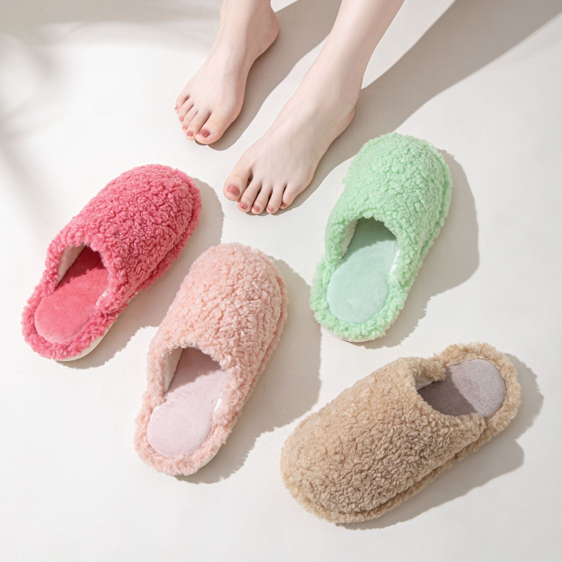 Unisex plush memory foam indoor house slippers with anti-skid PVC soles