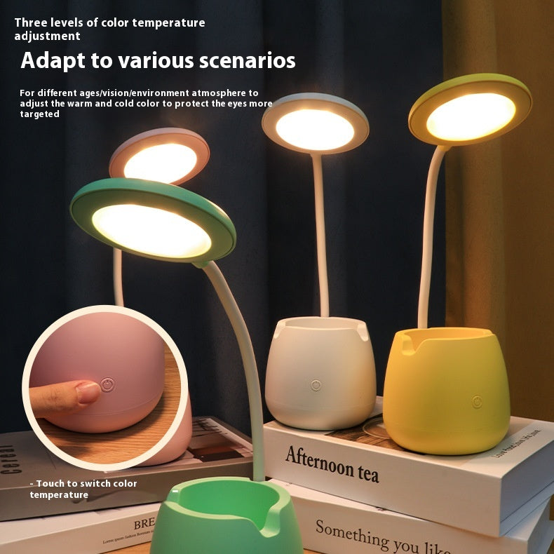 Macaroon-style pastel desk lamp with integrated pen holder and adjustable LED ring light