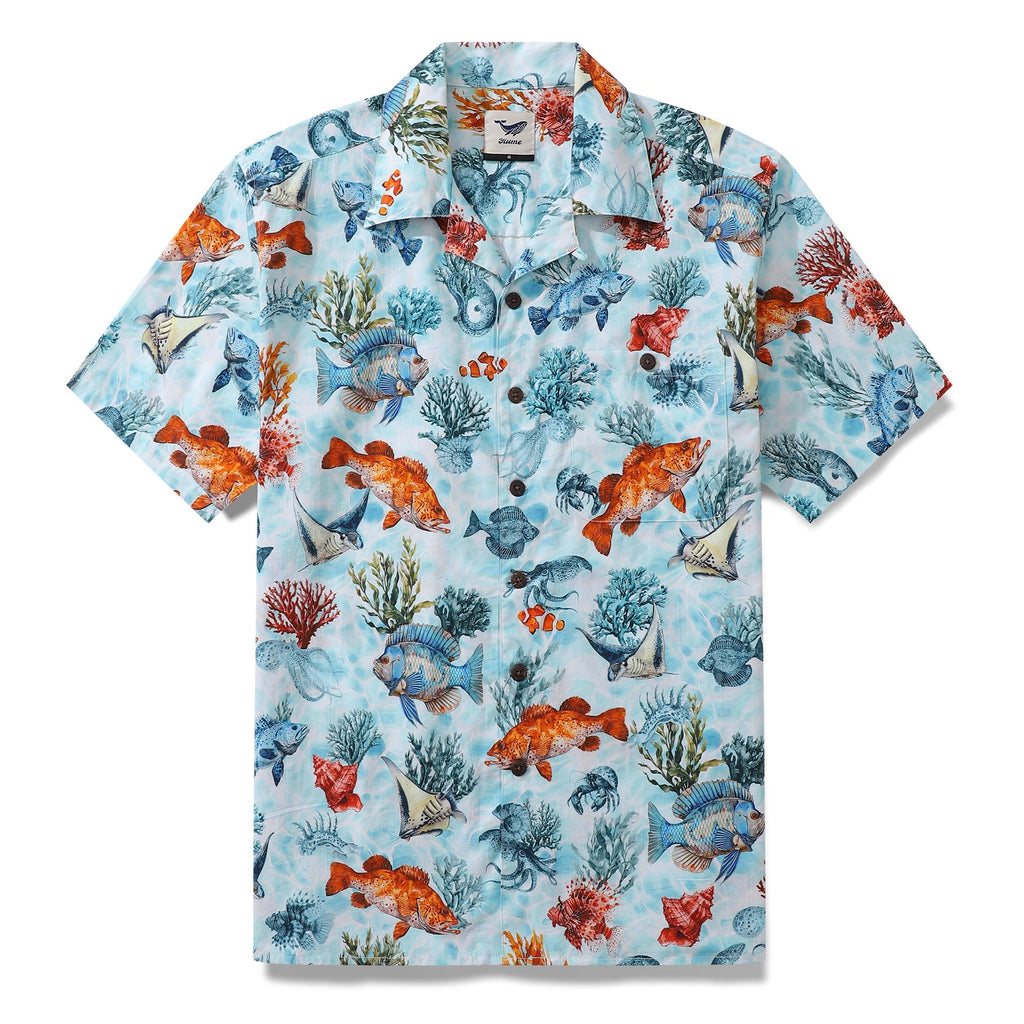 Men's light-blue fish print Hawaiian shirt with a camp collar.