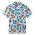 Men's light-blue fish print Hawaiian shirt with a camp collar.