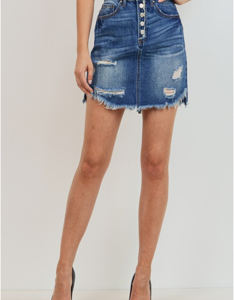 A stylish 100% cotton button-down midi skirt in a classic silhouette.