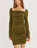 Front view of an olive green ruched bodycon knit mini dress