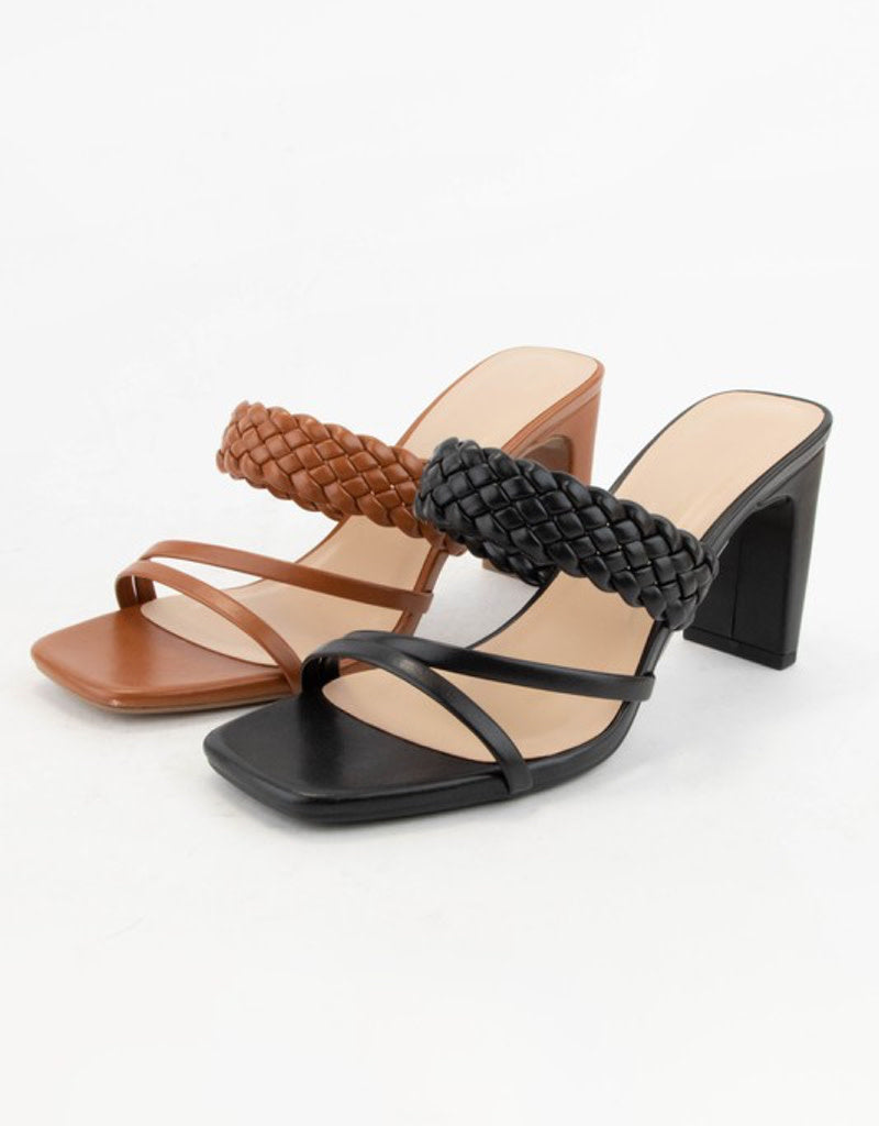 Tan Carmen braided double strap high heel sandals with 3.5-inch heel.