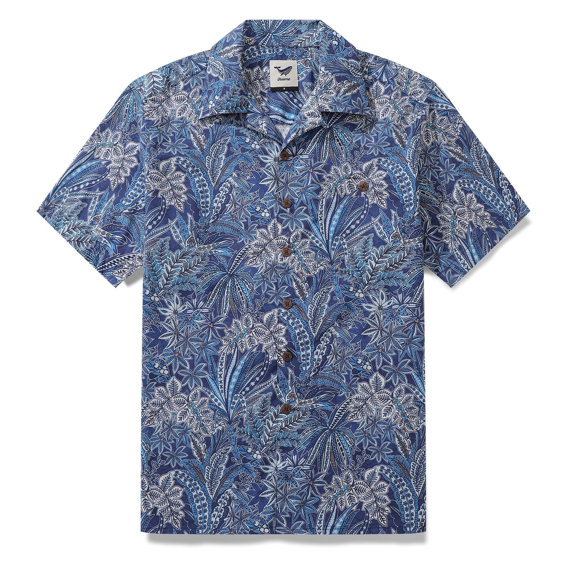 Men's tropical Hawaiian shirt in blue and navy botanical floral print with camp collar.