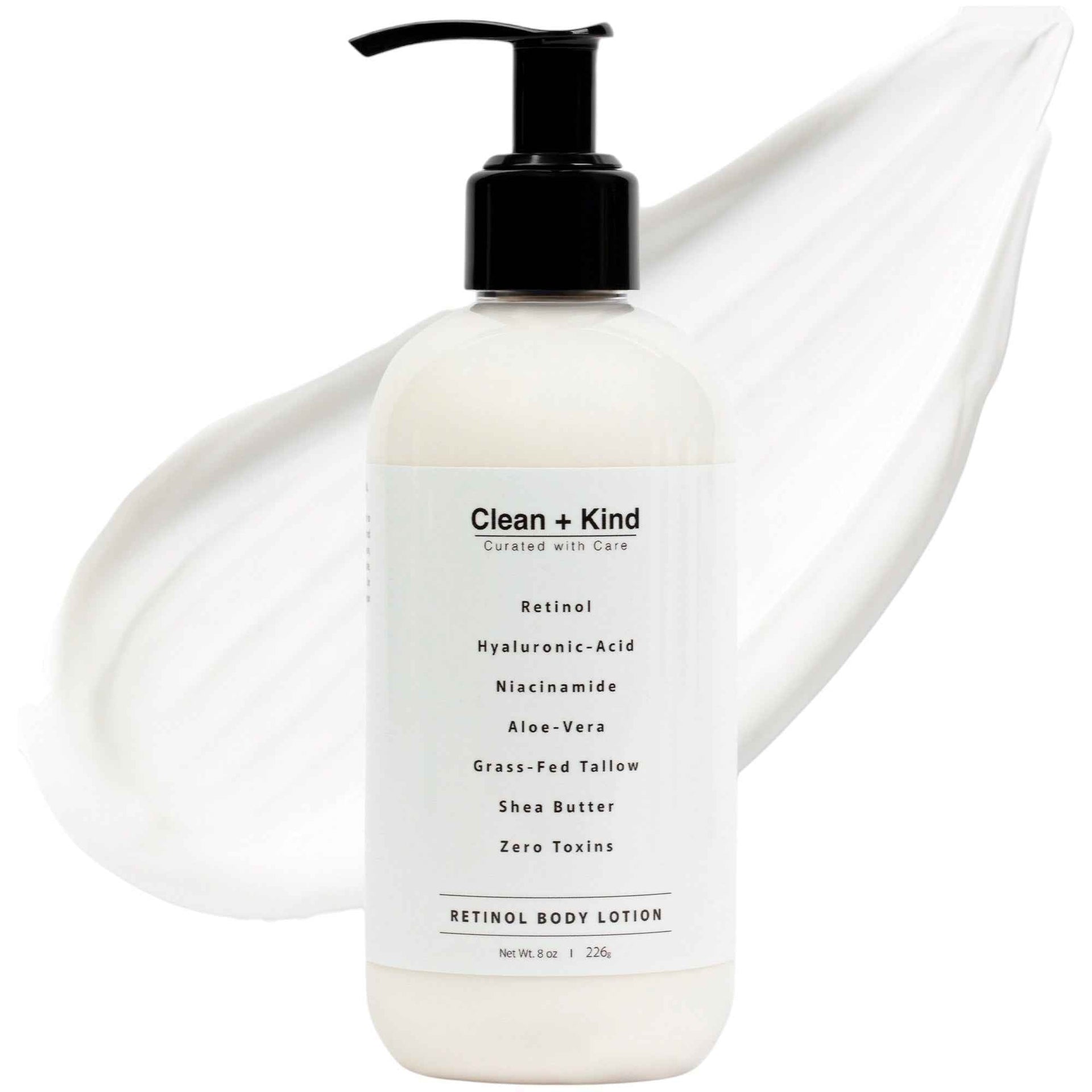 Bottle of Clean + Kind Retinol Body Lotion surrounded by natural ingredient swatches including aloe vera and tallow.