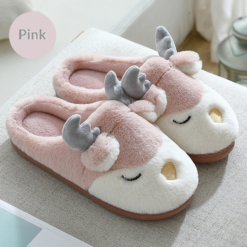 Furry Deer Elk House Slippers Warm Non-Slip Indoor Bedroom Shoes