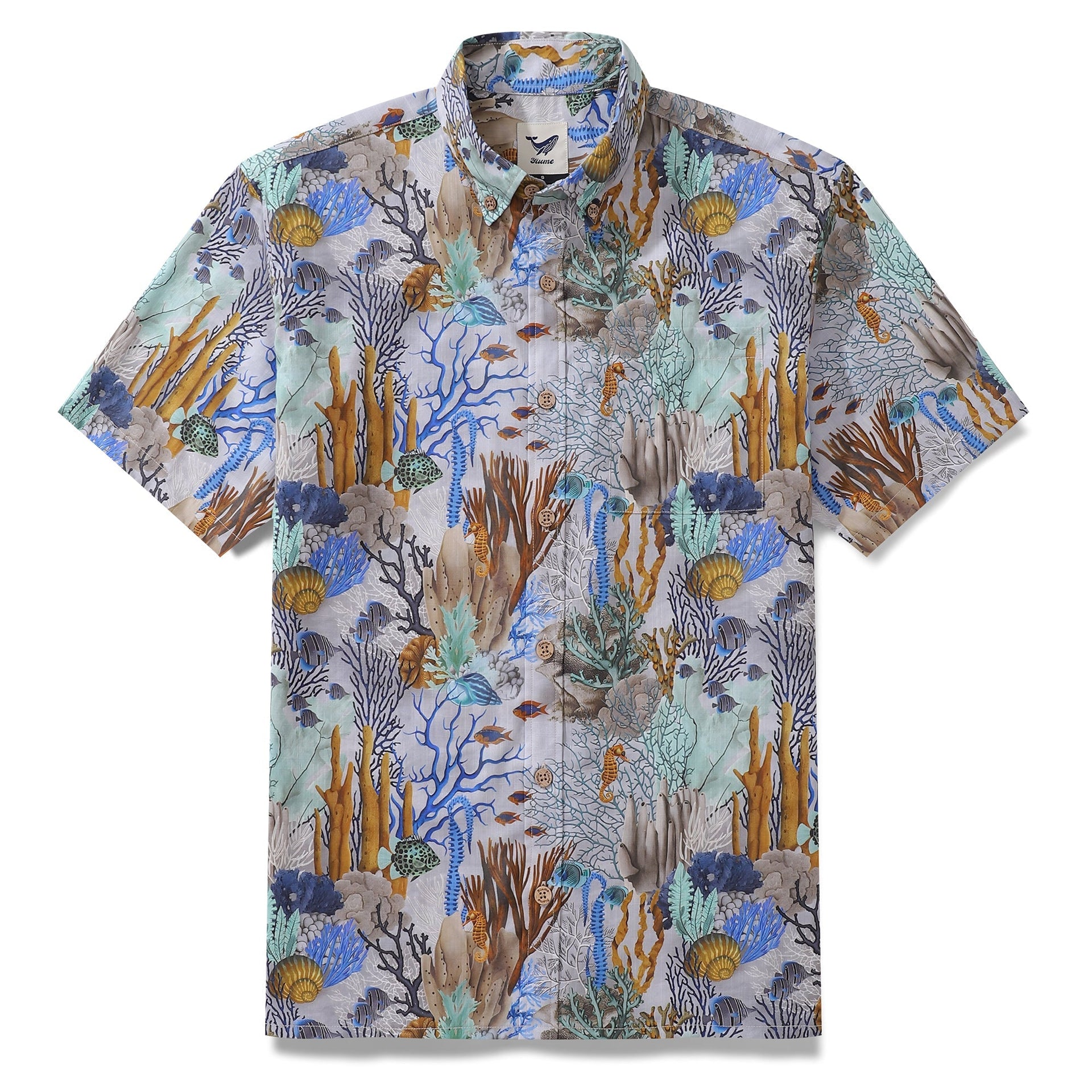 Men's gray short sleeve shirt with marine life and coral reef print