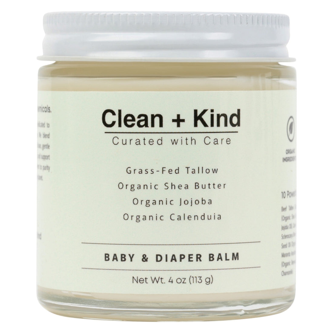 A 4oz glass jar of Clean + Kind baby and diaper balm on a white background.