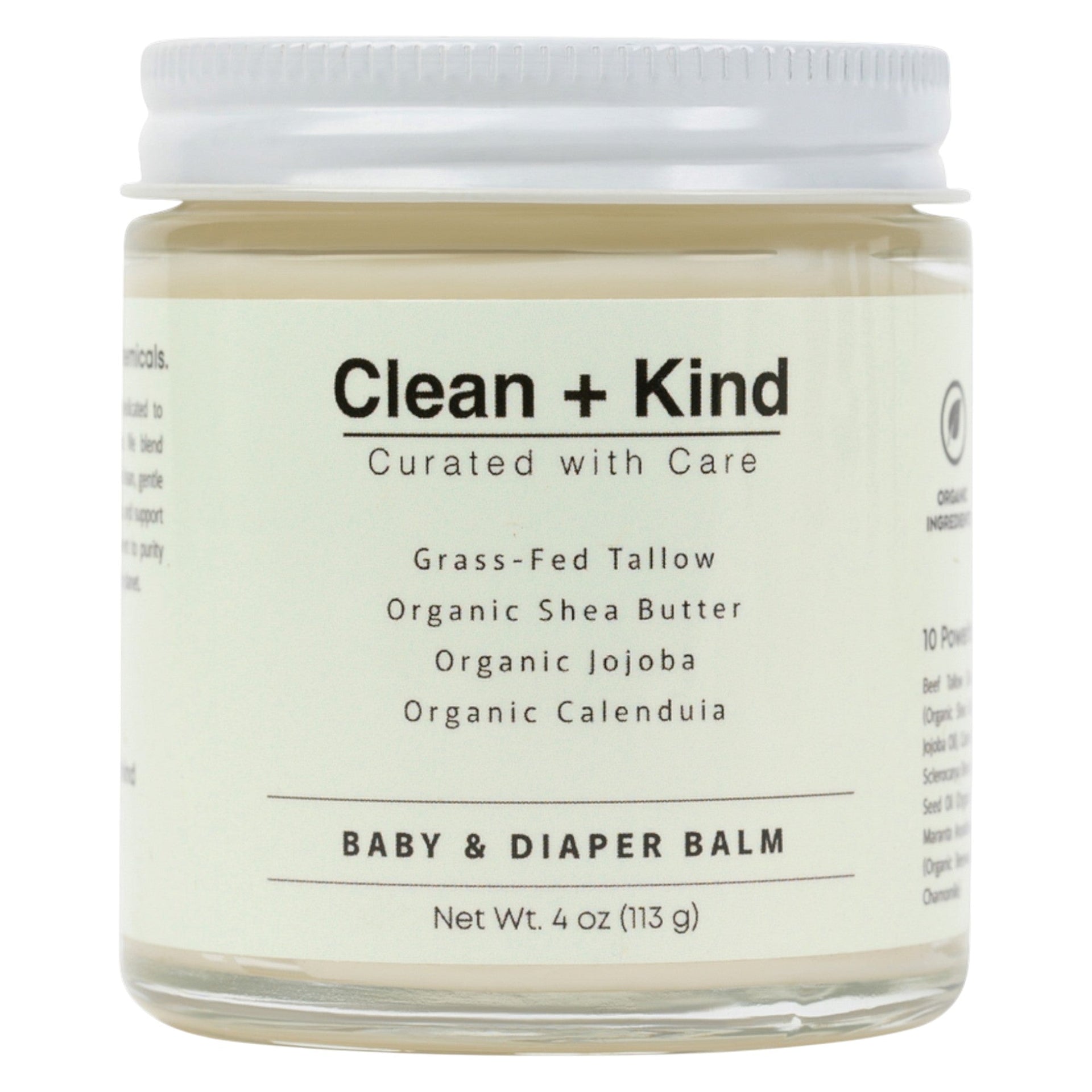 A 4oz glass jar of Clean + Kind baby and diaper balm on a white background.