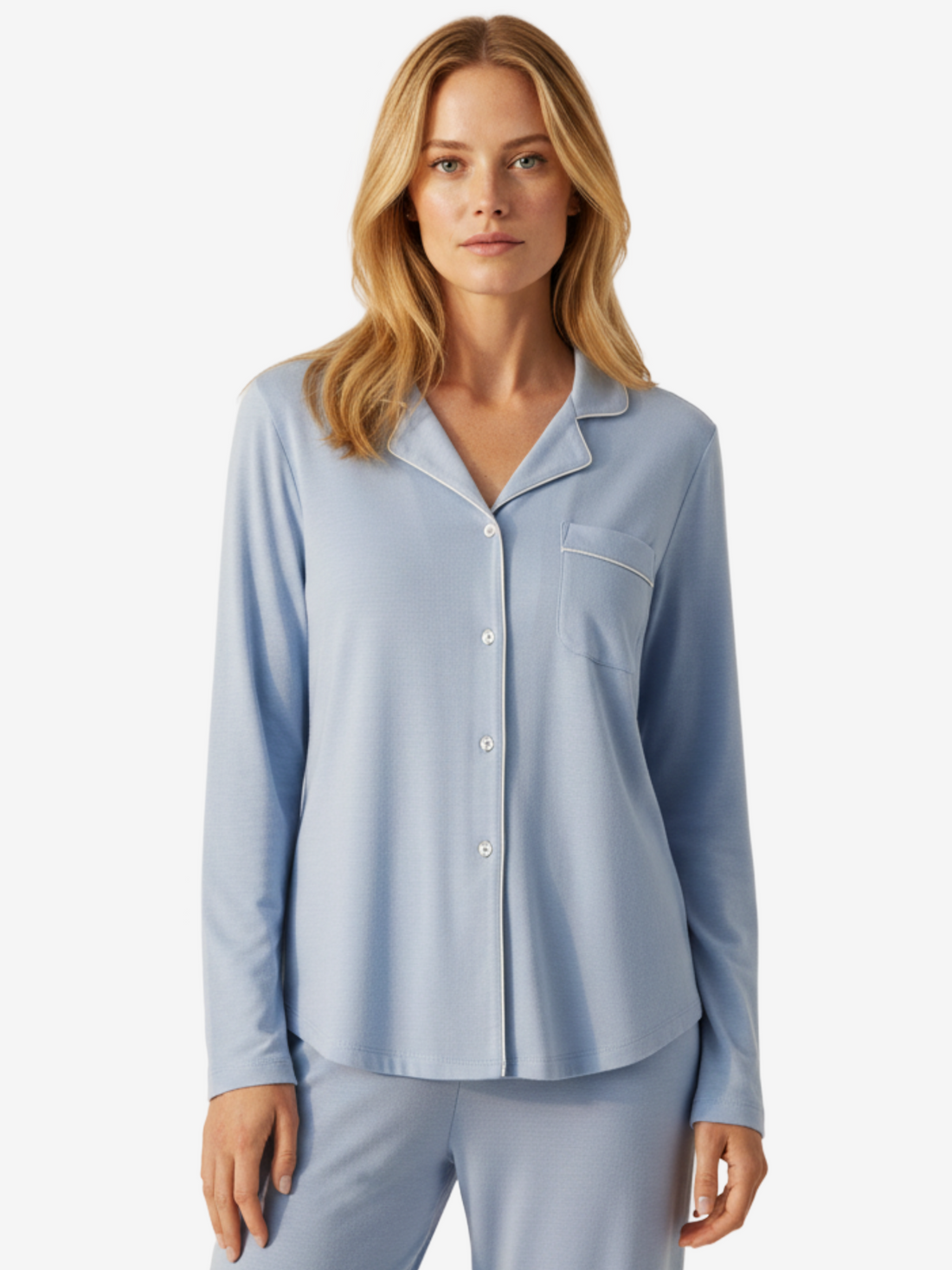 Light blue long sleeve button-down pajama shirt with ivory piping and chest pocket