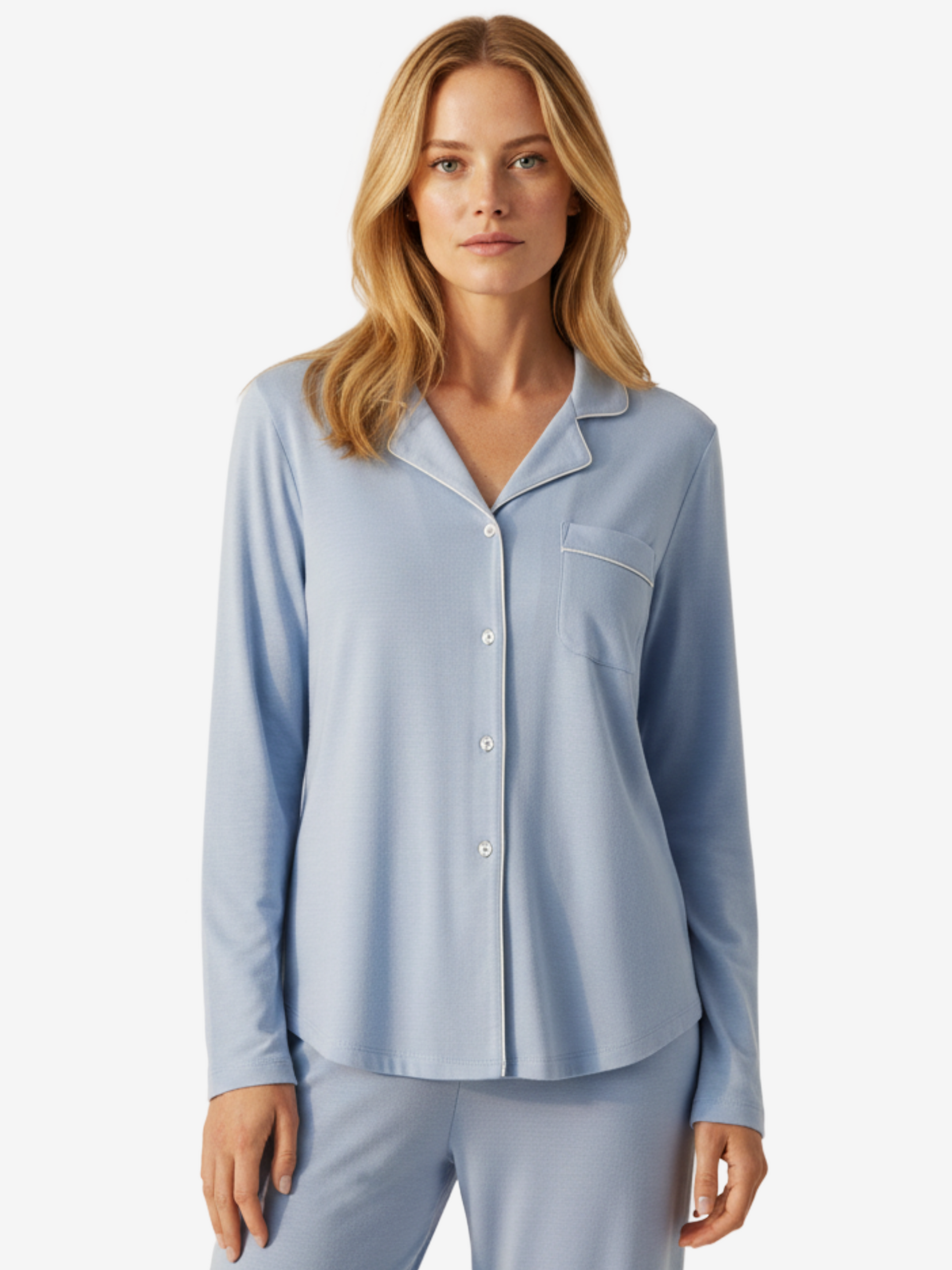 Light blue long sleeve button-down pajama shirt with ivory piping and chest pocket