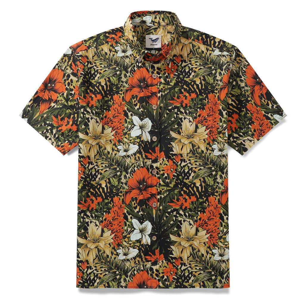 Men wearing a tropical rhythm print button-down shirt with red and white flowers and green leaves.
