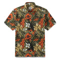 Men wearing a tropical rhythm print button-down shirt with red and white flowers and green leaves.
