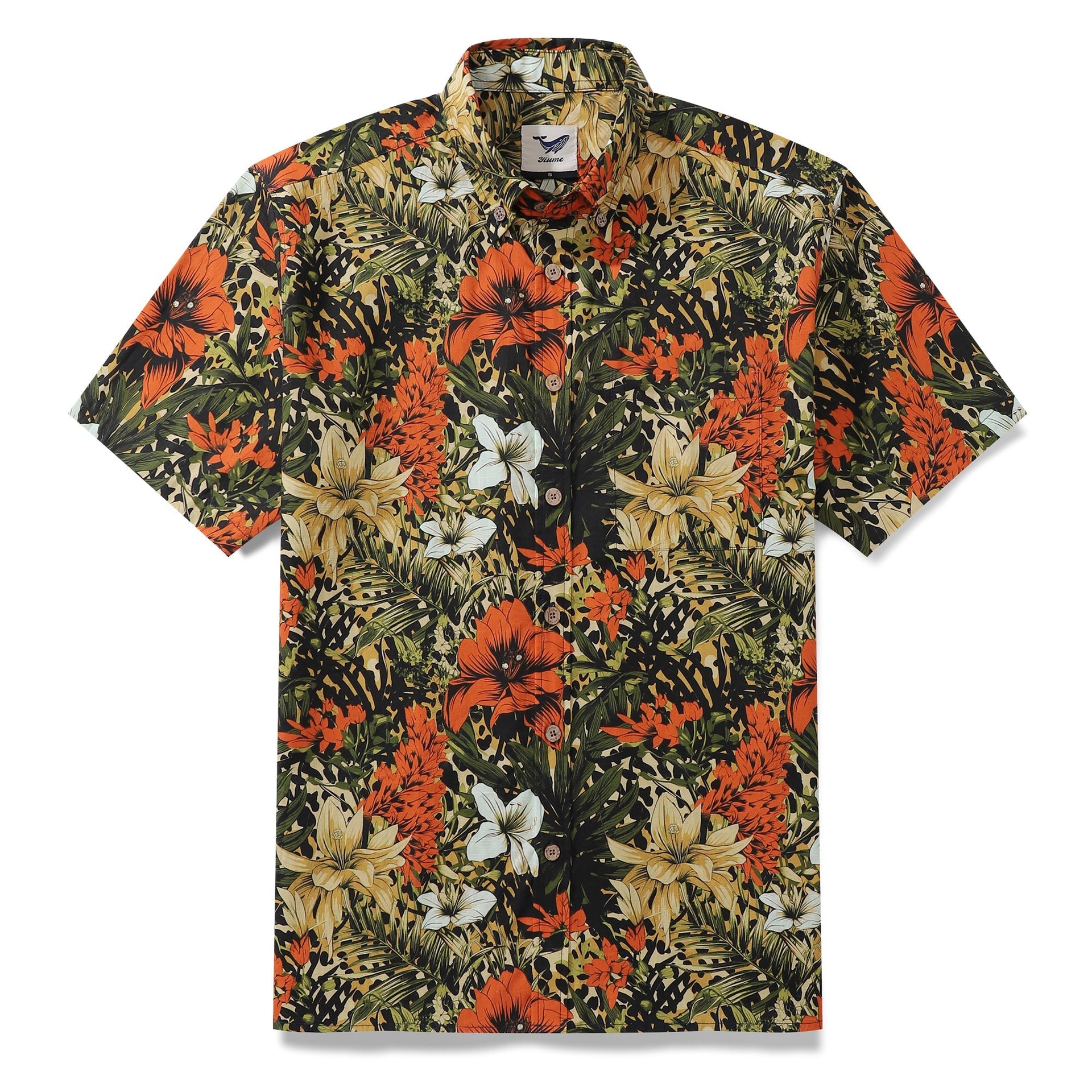 Men wearing a tropical rhythm print button-down shirt with red and white flowers and green leaves.