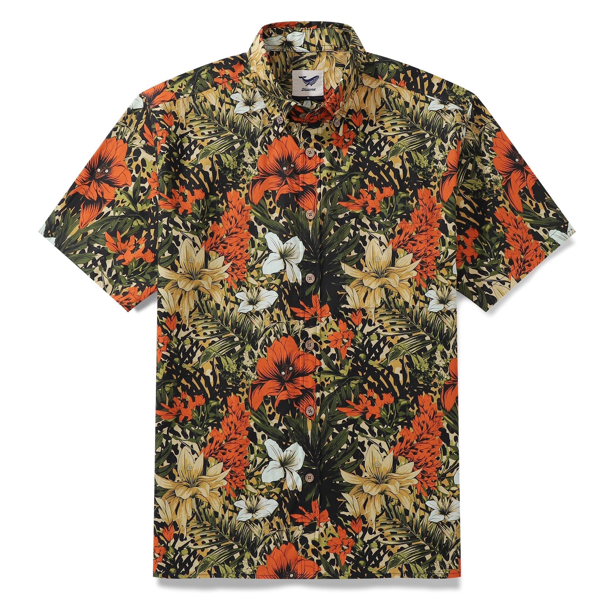 Men wearing a tropical rhythm print button-down shirt with red and white flowers and green leaves.