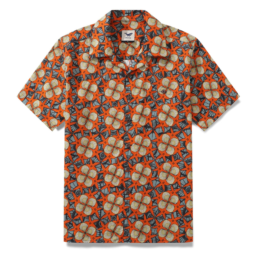 Vintage-inspired Hawaiian camp shirt with starfish and shell pattern in orange, blue-grey, and cream
