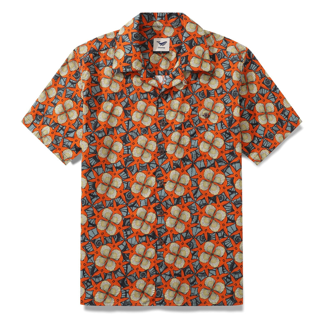 Vintage-inspired Hawaiian camp shirt with starfish and shell pattern in orange, blue-grey, and cream