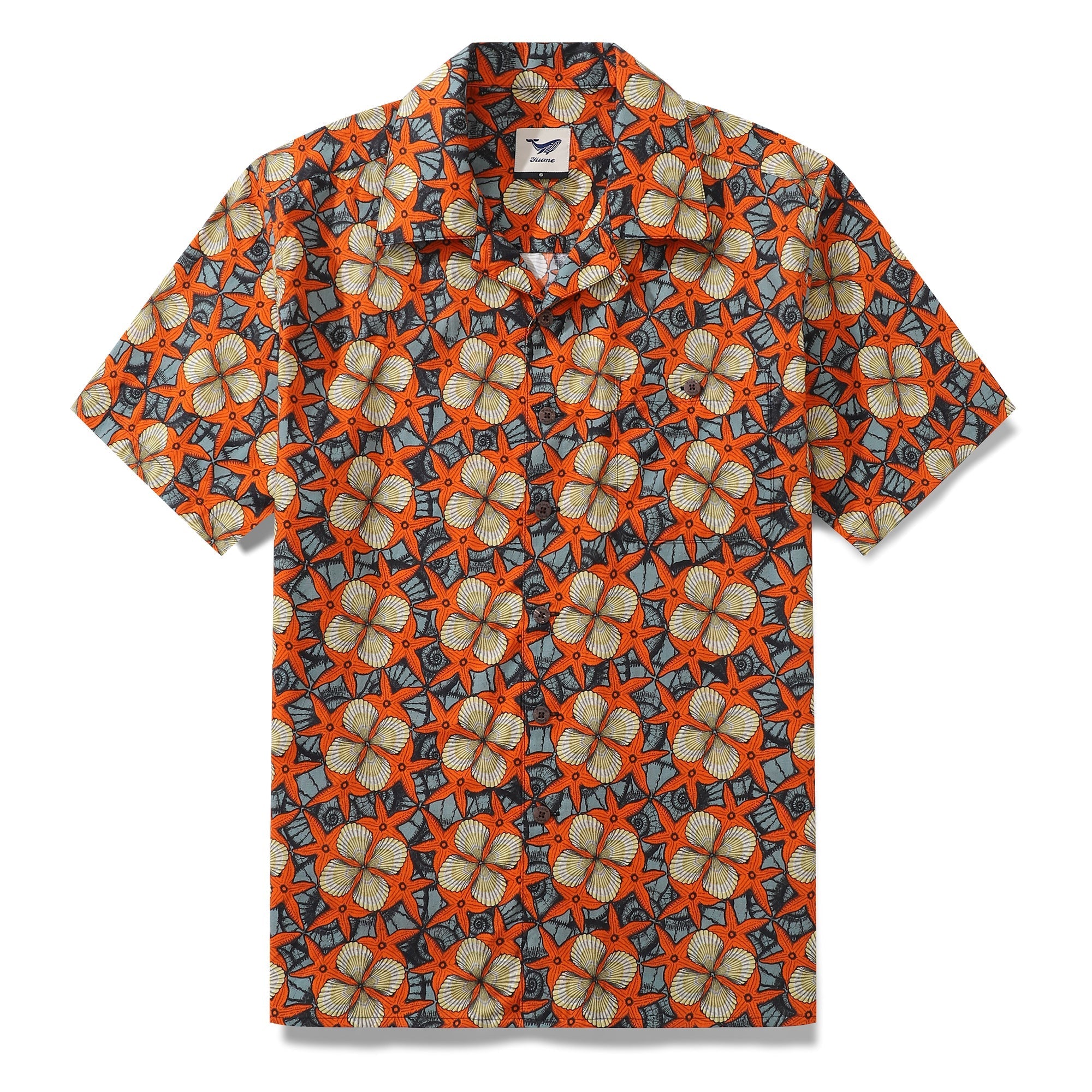 Vintage-inspired Hawaiian camp shirt with starfish and shell pattern in orange, blue-grey, and cream