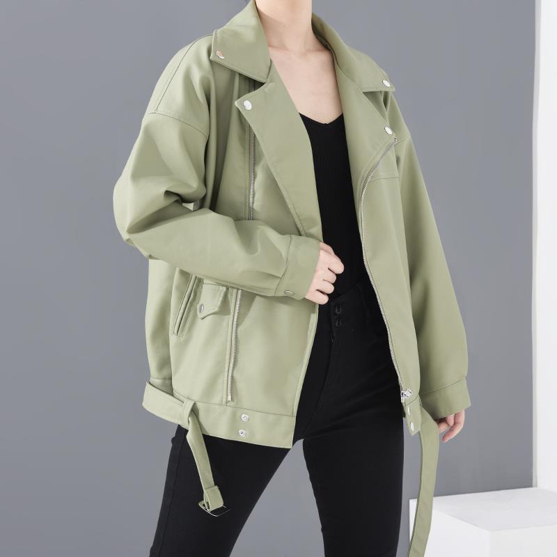 Women's PU Faux Leather Biker Jacket with Sashes