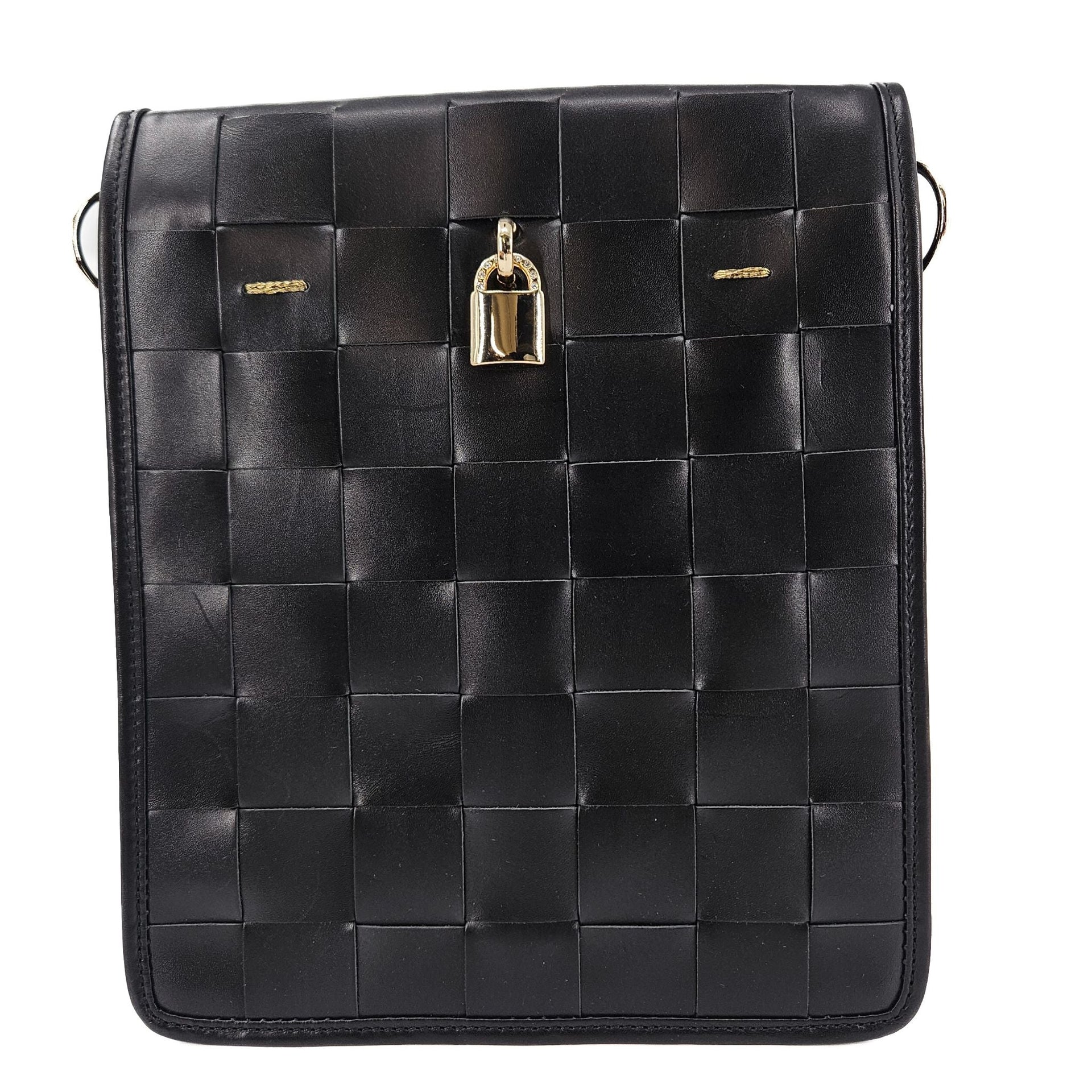 Woven Leather Crossbody Bag in Black with Signature Lock - Image 2
