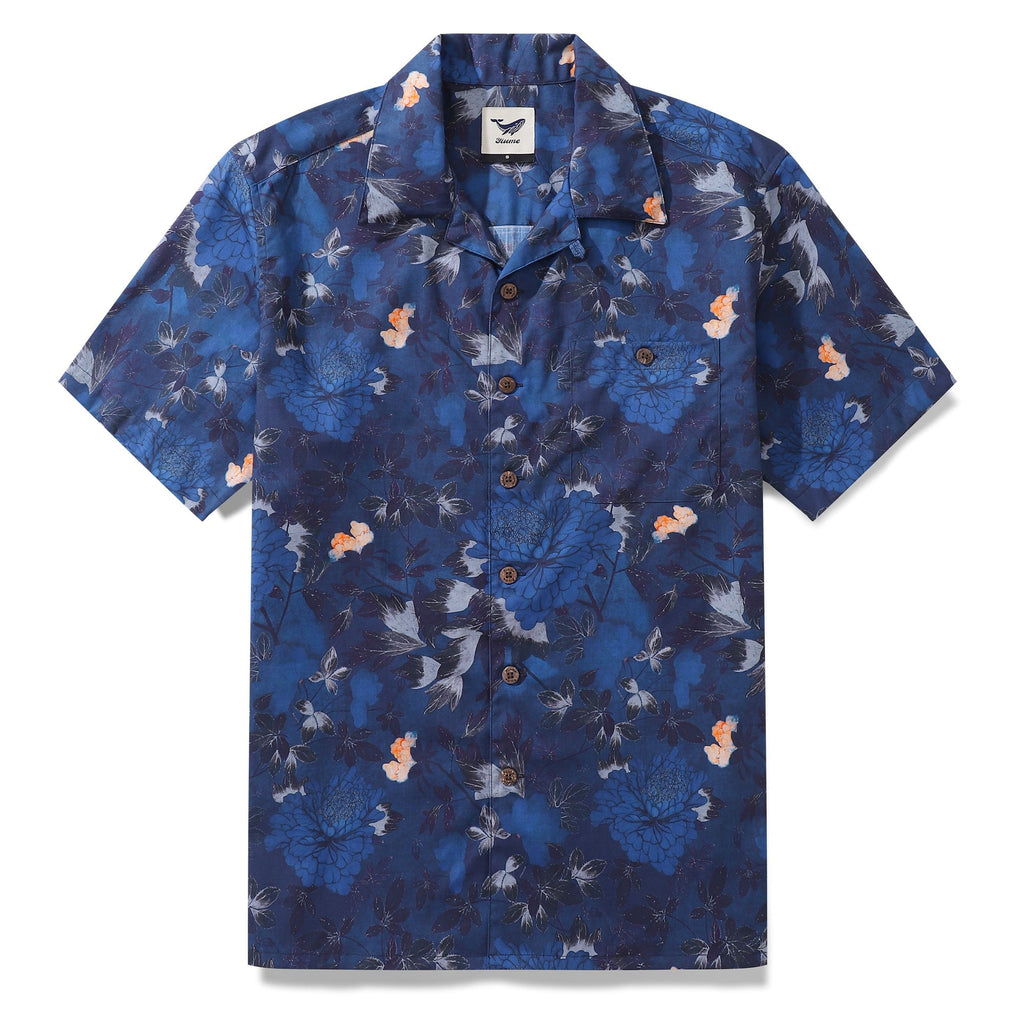Men's dark blue Hawaiian shirt with white peony floral print and camp collar