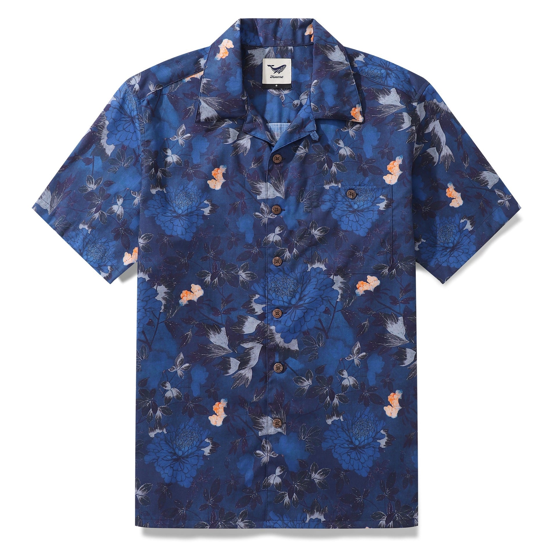 Men's dark blue Hawaiian shirt with white peony floral print and camp collar