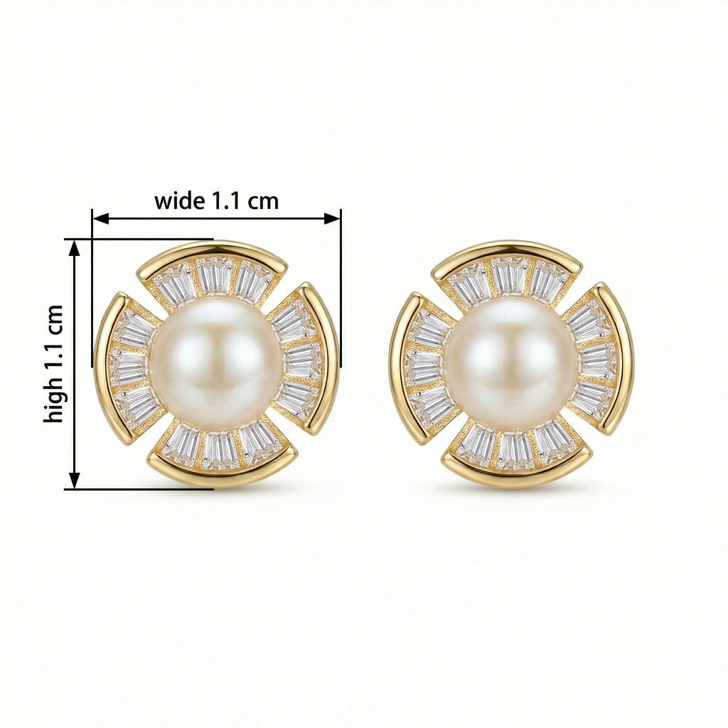 925 Sterling Silver Radiant Pearl and Baguette-Cut Fan-Shaped Stud Earrings