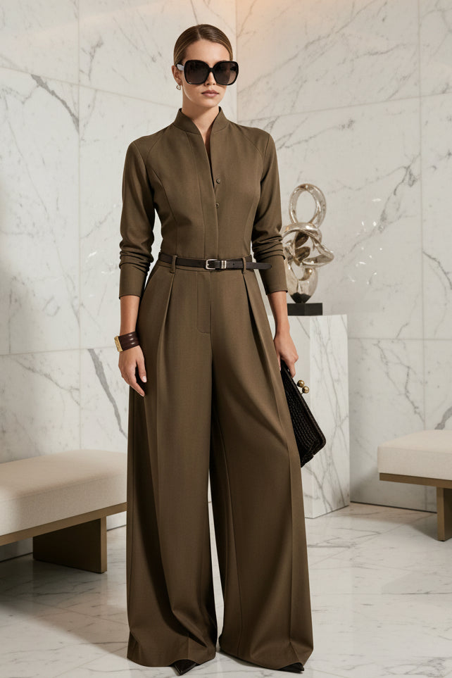 Women's Stand-Collar Long-Sleeve Wide-Leg Jumpsuit