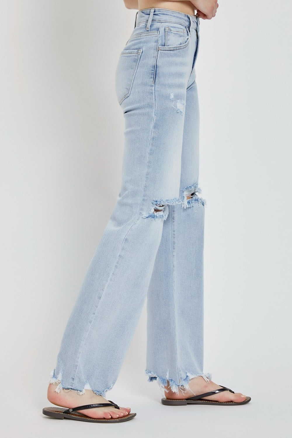 RISEN High Rise Distressed Wide Leg Jeans in Light Blue