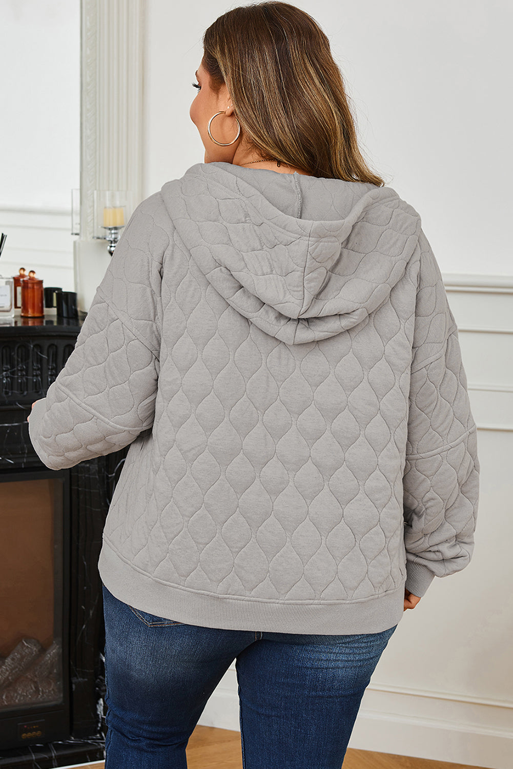 Gray Quilted Quarter Zip Hoodie | Soft Polyester