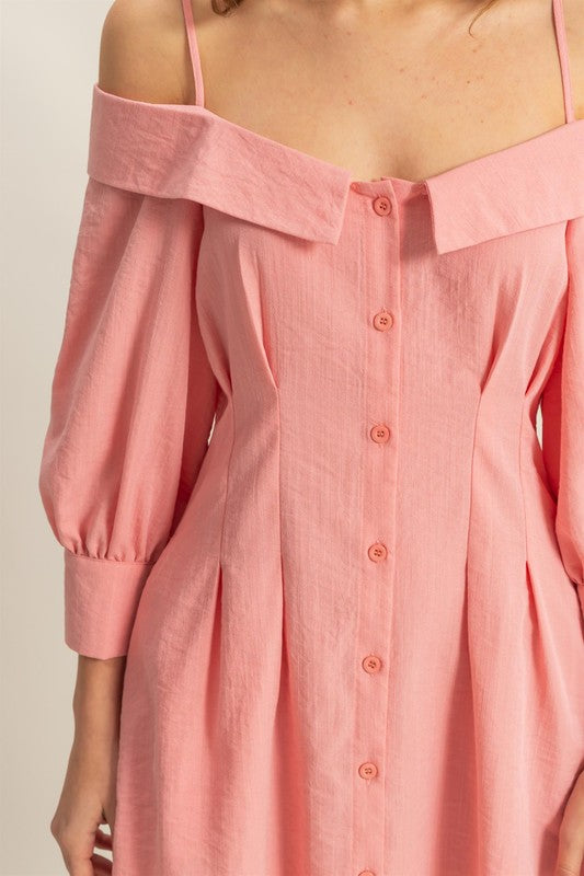 Button Down Spaghetti Strap Mini Dress with Pockets in Pink
