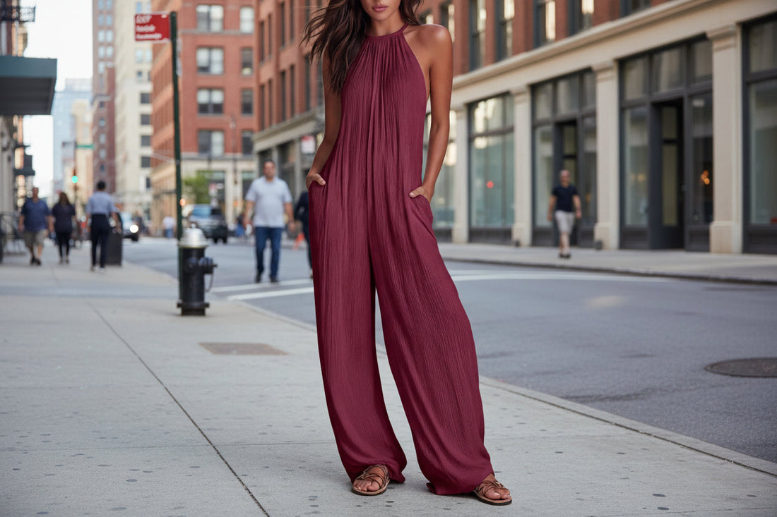 Women's Sleeveless Wide-Leg Pleated Jumpsuit in Burgundy - Image 2