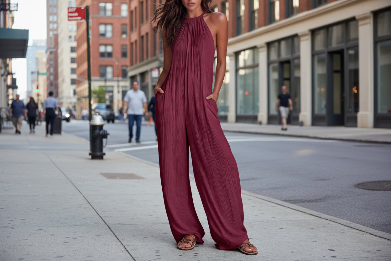 Women's Sleeveless Wide-Leg Pleated Jumpsuit in Burgundy - Image 2