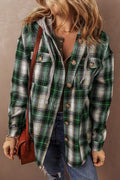 Dark green plaid hooded jacket with drawstring and front pockets