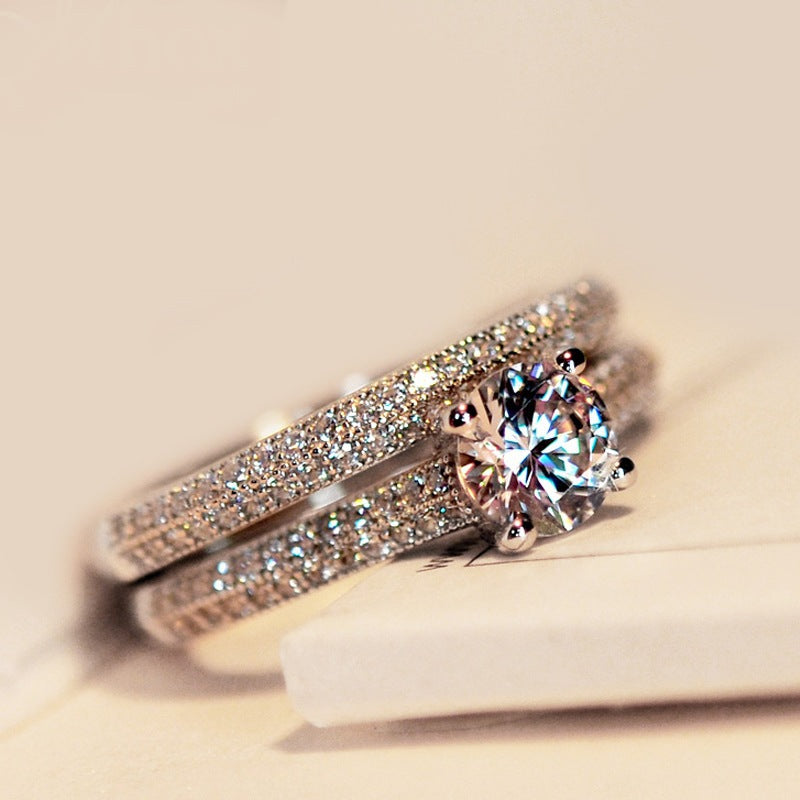 Micro Pave Ring Set With Simulated Heart & Arrow Zirconia, Luxury Proposal Ring For Women