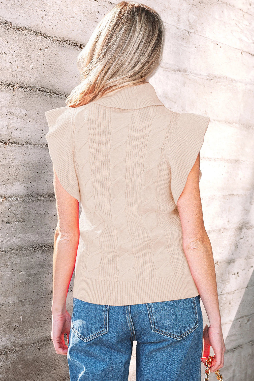 Cable Knit Turtleneck Ruffle Short Sleeve Sweater