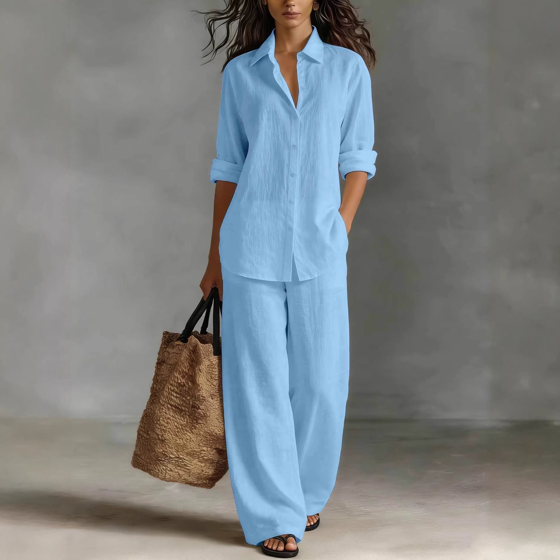 Women's Bohemian Cotton-Linen Button-Down Top and Pant Set - Image 4