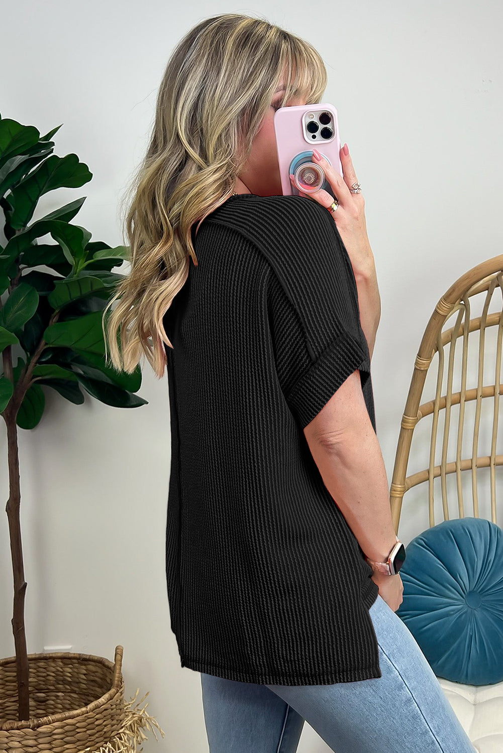 White Crinkle Rib Textured Knit Round Neck T-Shirt