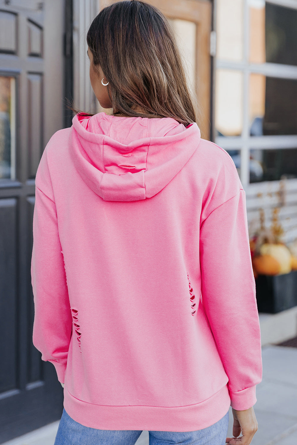 Pink Ripped Hooded Sweatshirt with Kangaroo Pocket
