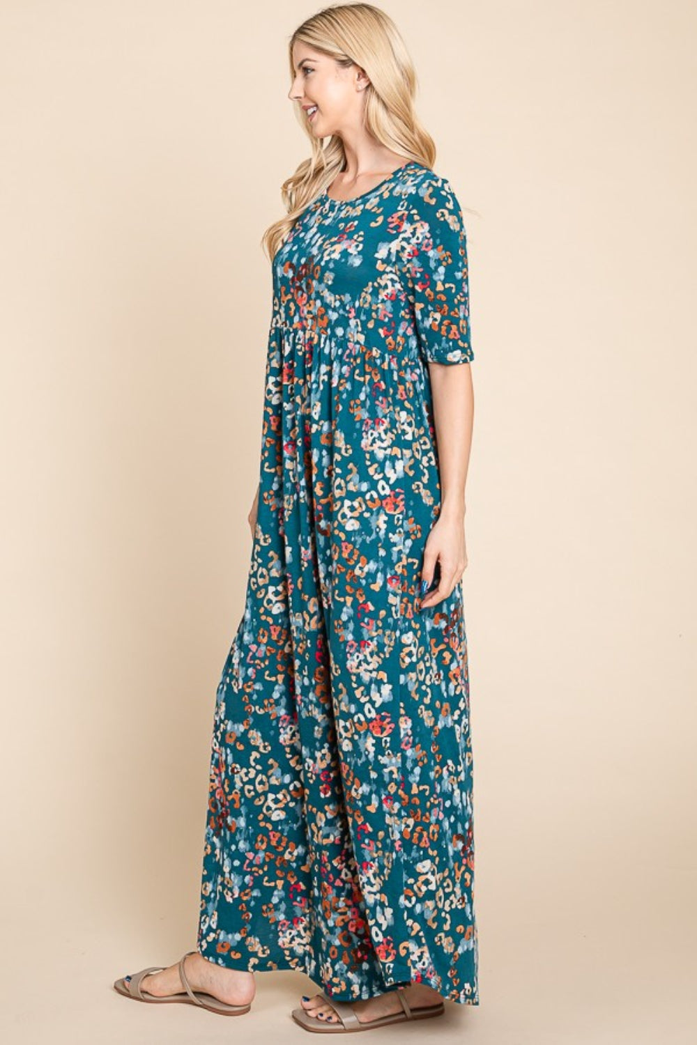 Shirred Maxi Dress in Teal and Multicolor Floral