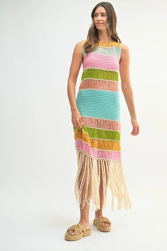 Multi Color Fringed Crochet Knit Mini Dress