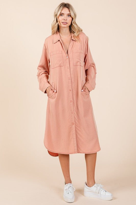Women's Long Sleeve Button Down Shirt Dress in Dusty Rose