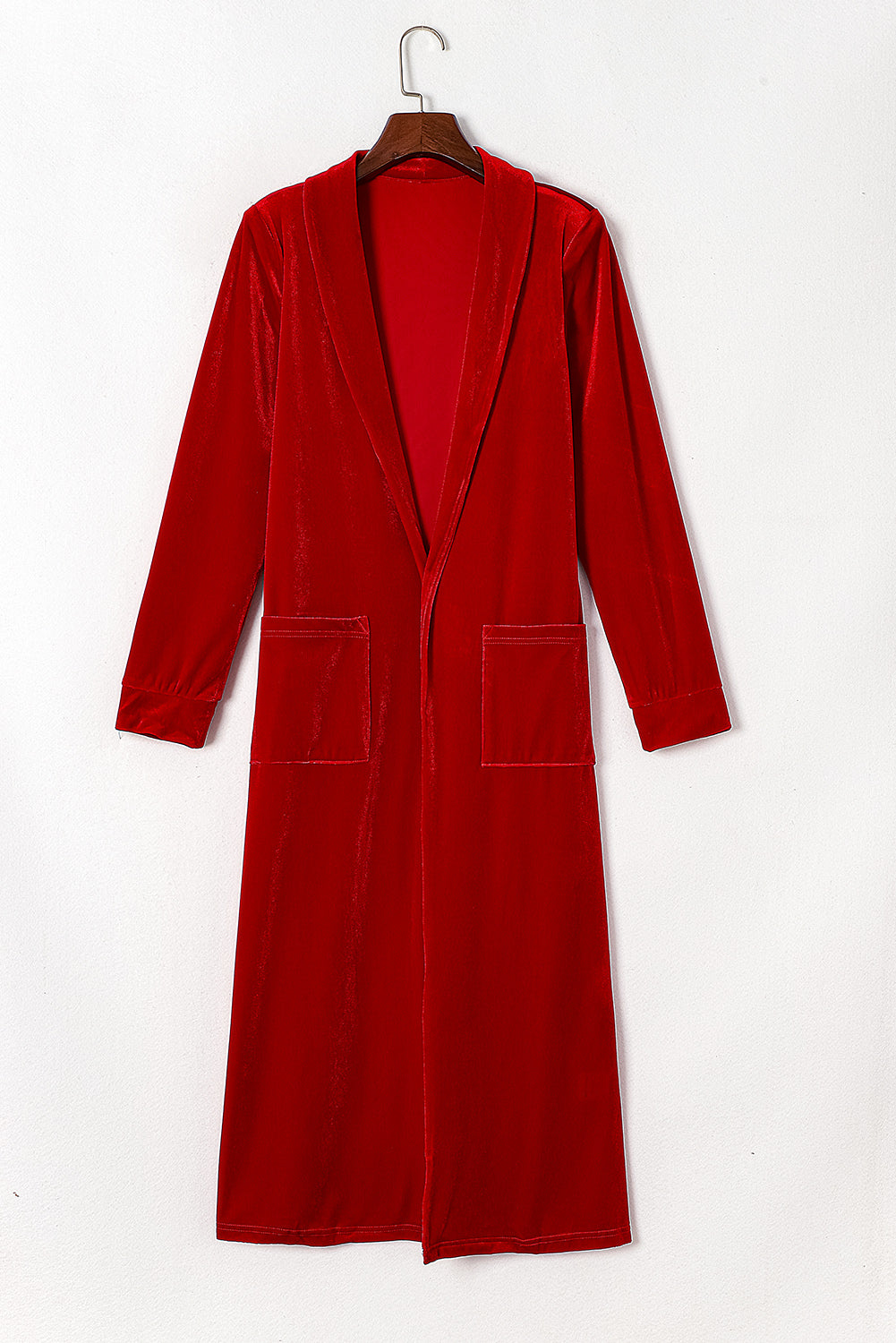 Red Velvet Open Front Long Cardigan with Pockets