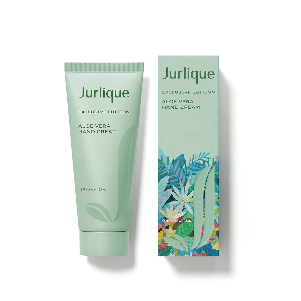 Jurlique Aloe Vera Hand Cream in a 2.5 oz tube, featuring botanical ingredients and citrus green tea scent.