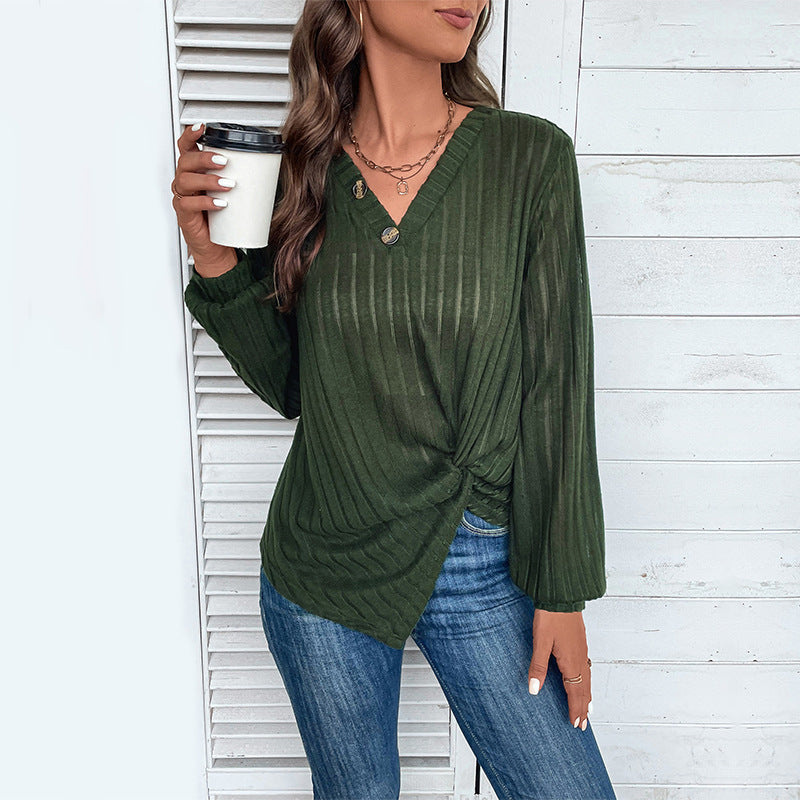 Women's V-Neck Long-Sleeve Knit Sweater in Olive Green