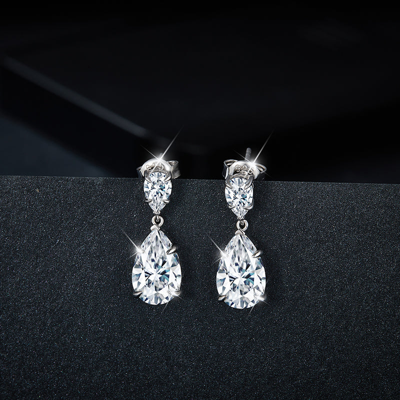Pear Cut Moissanite Dangle Earrings with Double Stone Teardrop